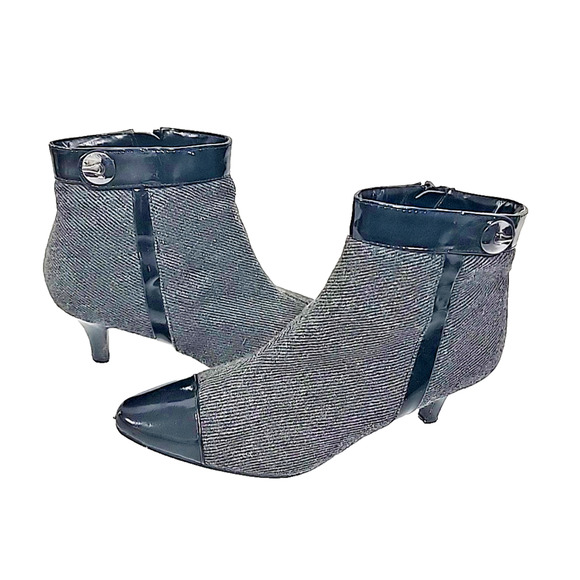 Impo Nina Black/Gray Tweed Cloth Black Patent Cap Toe Ankle Boots Size 7M - Picture 1 of 14